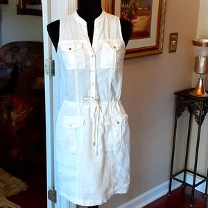 Michael Kors white 100% linen sleeveless dress Gold snaps tie waist XS EUC…